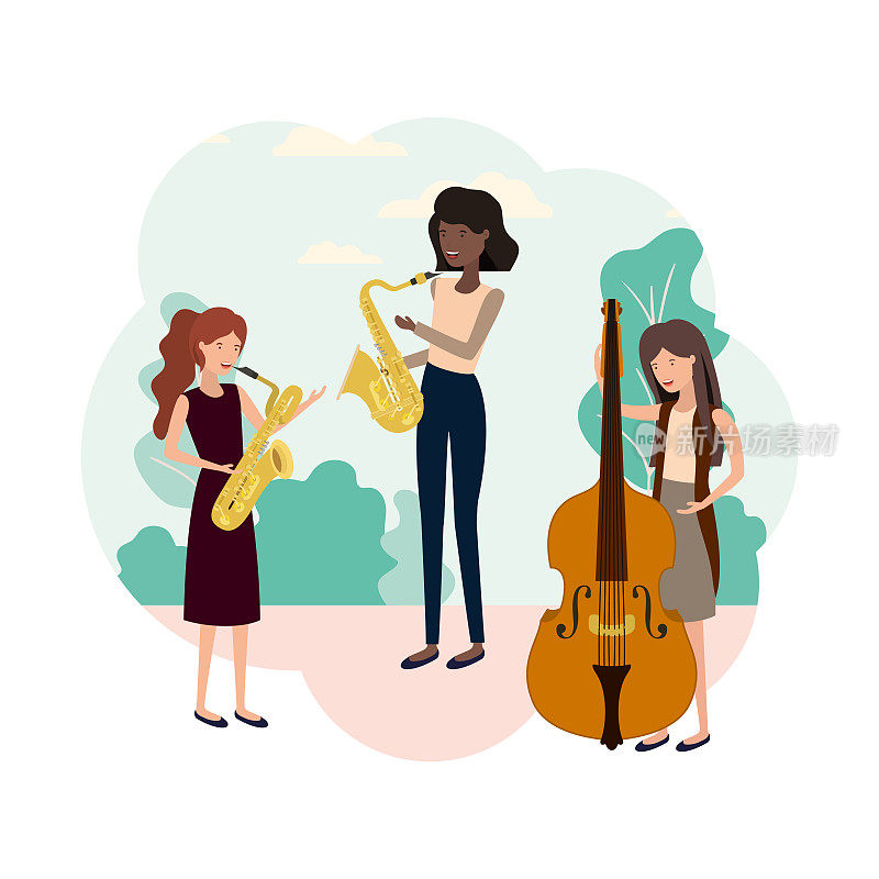 women with musical instruments in landscape